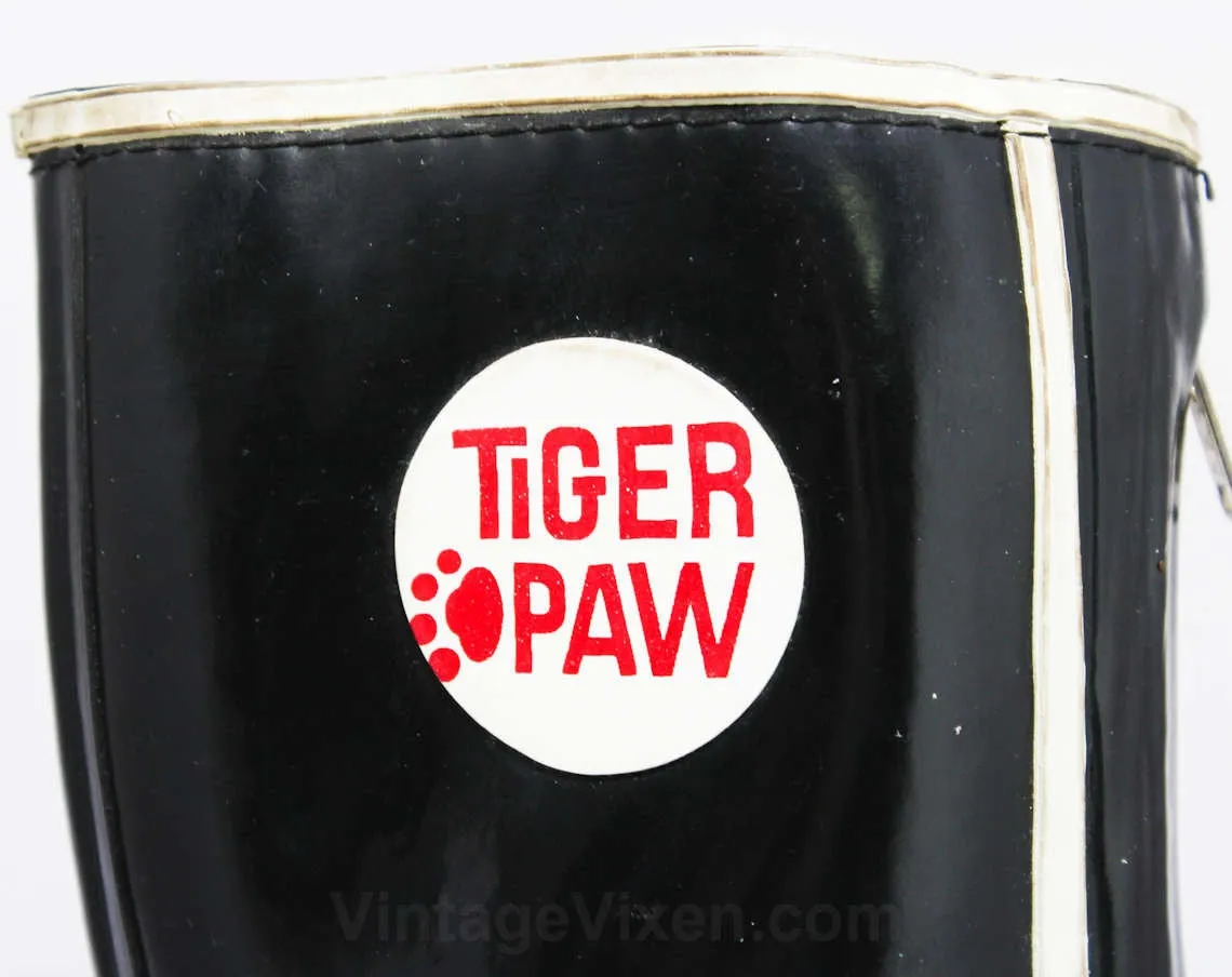 Boys 50s 60s Black Galoshes - Child Size 8 - Authentic 1960s Boy's Rain Boots - Tiger Paw - Kitsch Mid Century Childrens Shoes - Deadstock