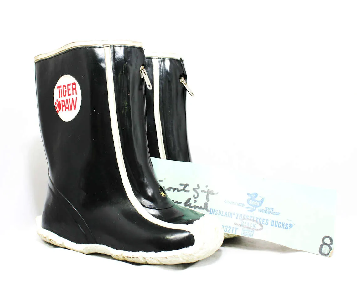 Boys 50s 60s Black Galoshes - Child Size 8 - Authentic 1960s Boy's Rain Boots - Tiger Paw - Kitsch Mid Century Childrens Shoes - Deadstock