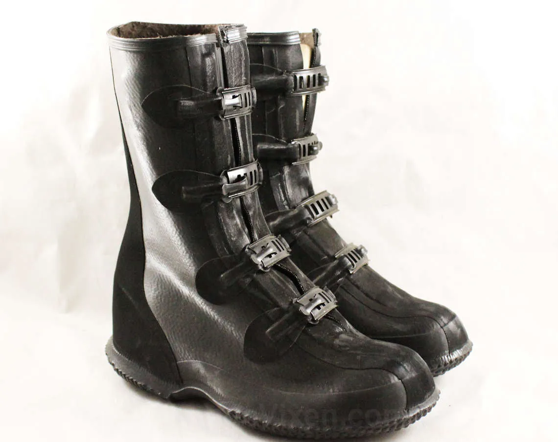 Boys Black Galoshes - Child Size 12 - Authentic 1940s 1950s Boy's Rain Boots - Waterproof Rubber Mid Century Shoes - NOS Deadstock