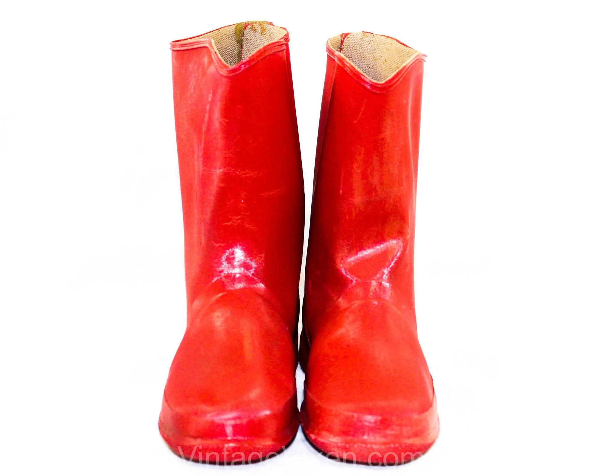 Child Size 10 Red Galoshes - 1950s 60s Child's Glossy Reflective Rain Boots - Waterproof Rubber Wet Weather Children's Shoe - 50s Deadstock