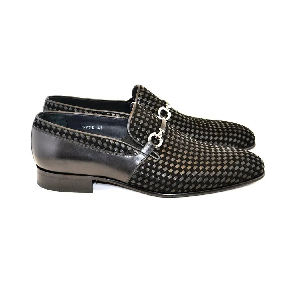 Corrente C0220-5776 Men's Shoes Black Woven / Suede / Calf-Skin Leather Horsebit Loafers (CRT1216)