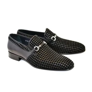 Corrente C0220-5776 Men's Shoes Black Woven / Suede / Calf-Skin Leather Horsebit Loafers (CRT1216)