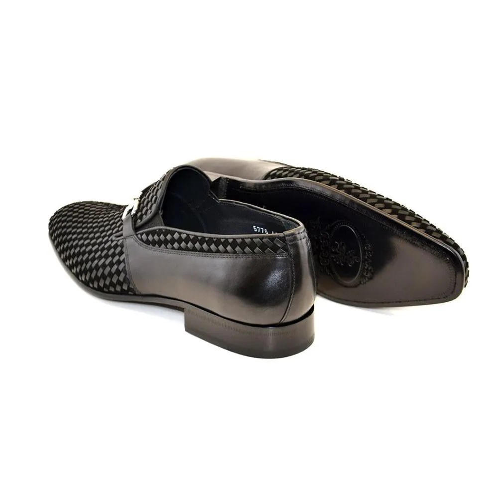 Corrente C0220-5776 Men's Shoes Black Woven / Suede / Calf-Skin Leather Horsebit Loafers (CRT1216)