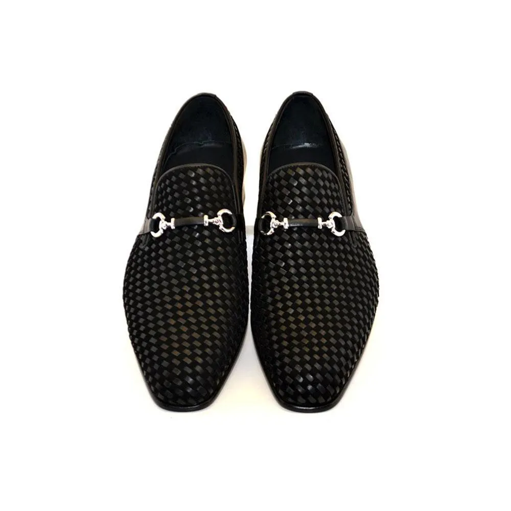 Corrente C0220-5776 Men's Shoes Black Woven / Suede / Calf-Skin Leather Horsebit Loafers (CRT1216)