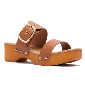 Double Adjustable Buckle Straps Slip On Wood Accents Sandals Tan