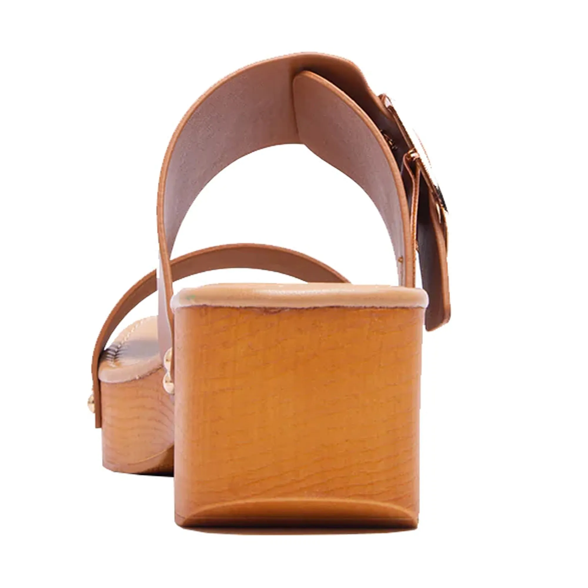 Double Adjustable Buckle Straps Slip On Wood Accents Sandals Tan
