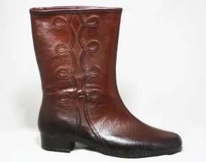 Size 6 Brown Boots - Victorian Inspired Galoshes - Trompe L'Oeil Soutache - 1960s Deadstock Winter Shoes - Waterproof Vinyl - Fleece Lined