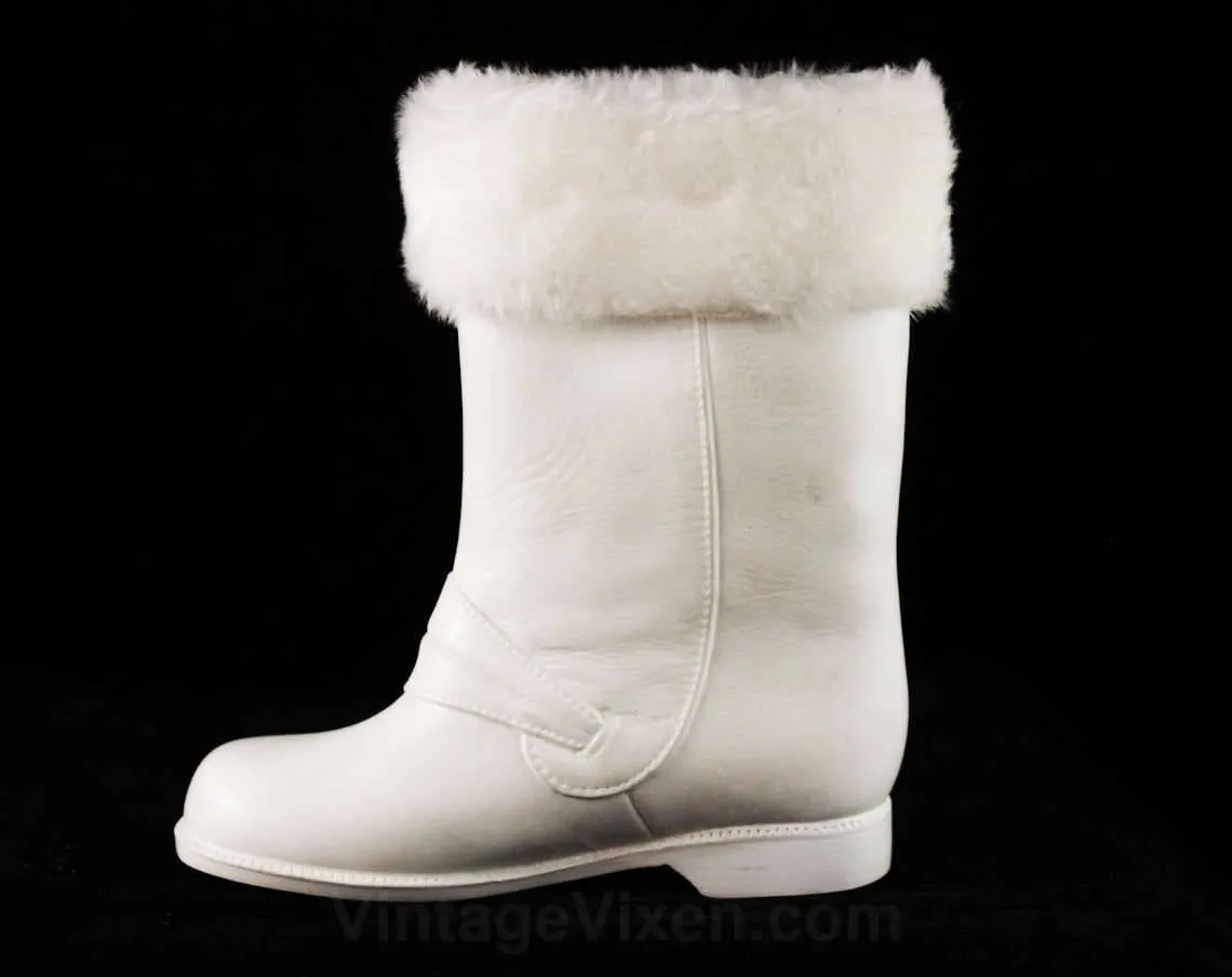 Toddler Size 7 White Galoshes - Authentic 1950s Baby's Rain Boots - Waterproof Rubber Shoes with Faux Fur Cuff - 50s 60s Deadstock - 48058