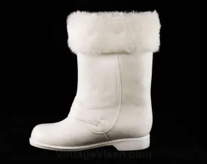 Toddler Size 7 White Galoshes - Authentic 1950s Baby's Rain Boots - Waterproof Rubber Shoes with Faux Fur Cuff - 50s 60s Deadstock - 48058